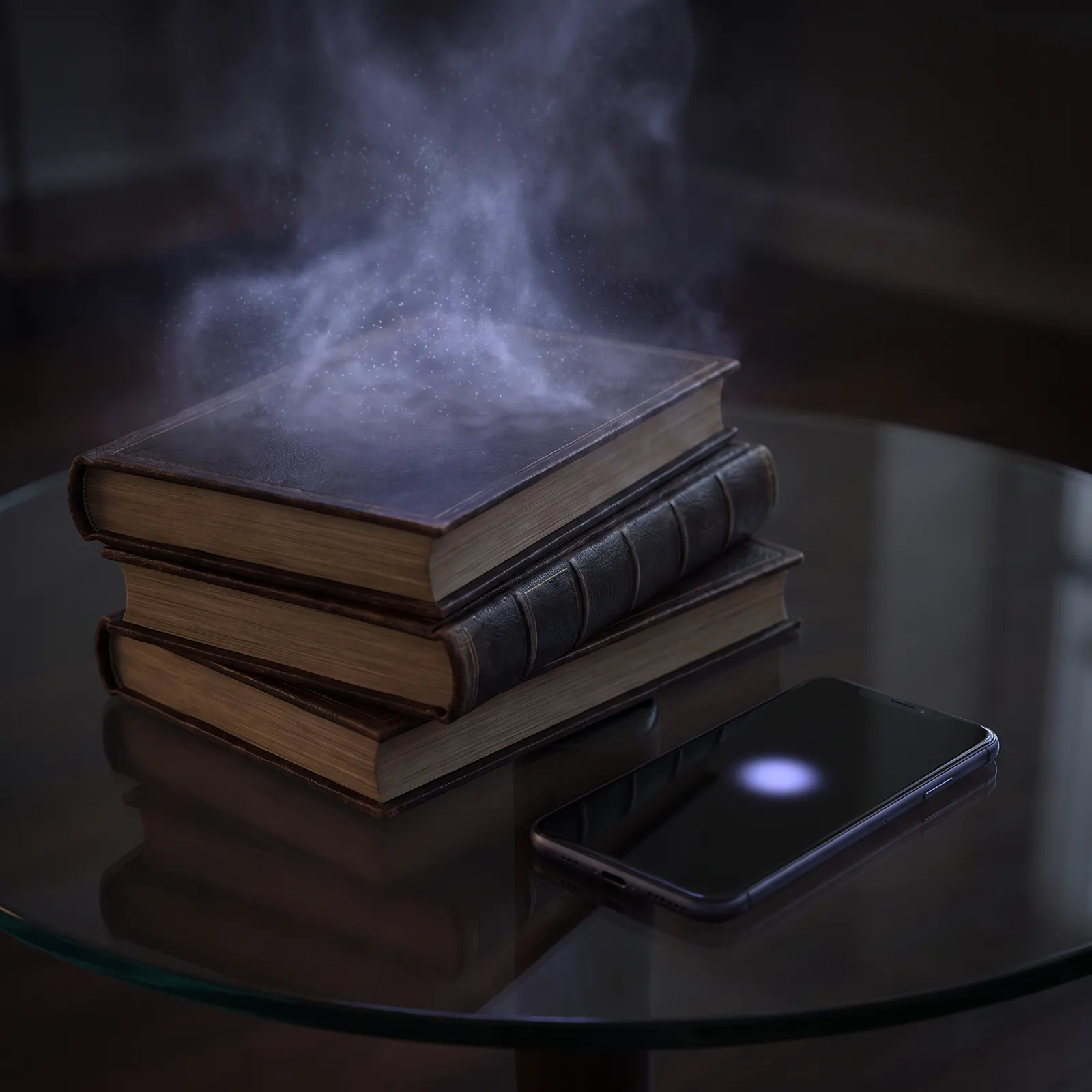 Drei Bücher, aus denen das Wissen wie Rauch entweicht, daneben ein Handy mit einem leuchtenden Punkt